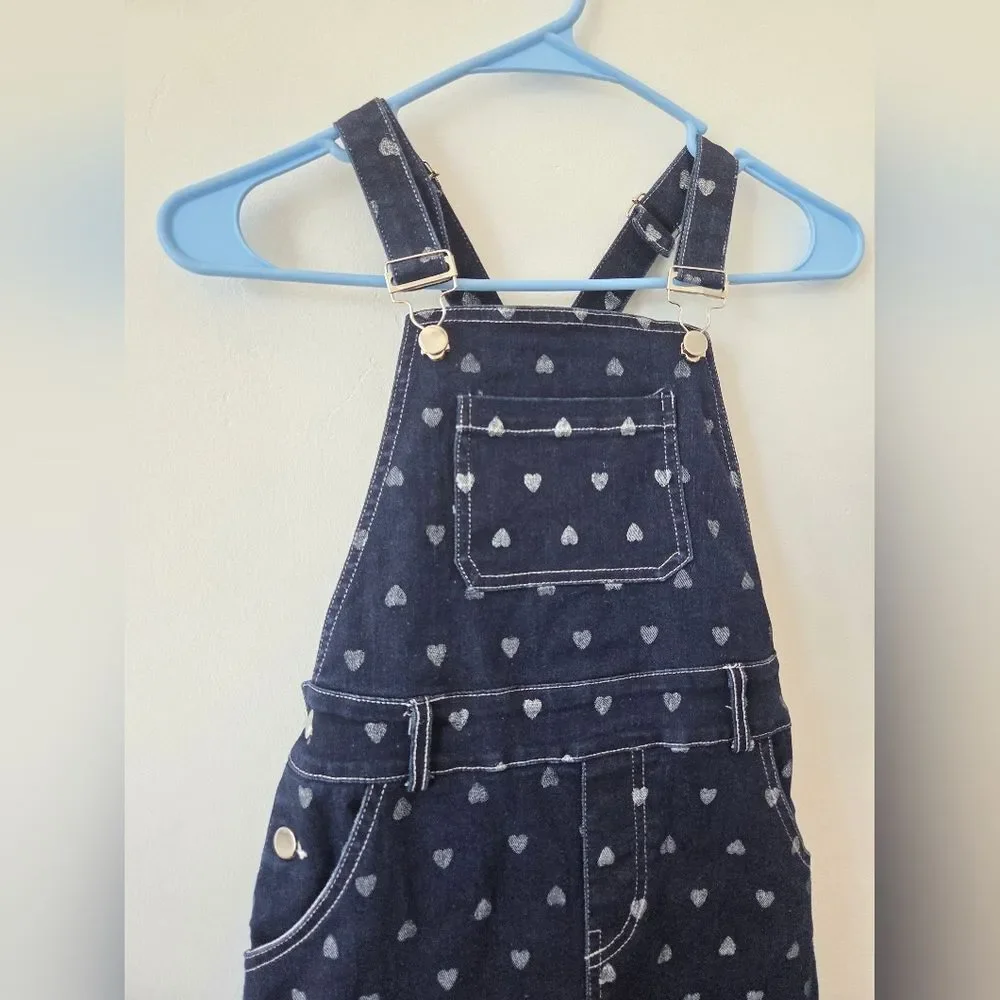 Girls Size 9/10 Blue Denim Heart Overall Dress Pinafore Buckle Adjustable School